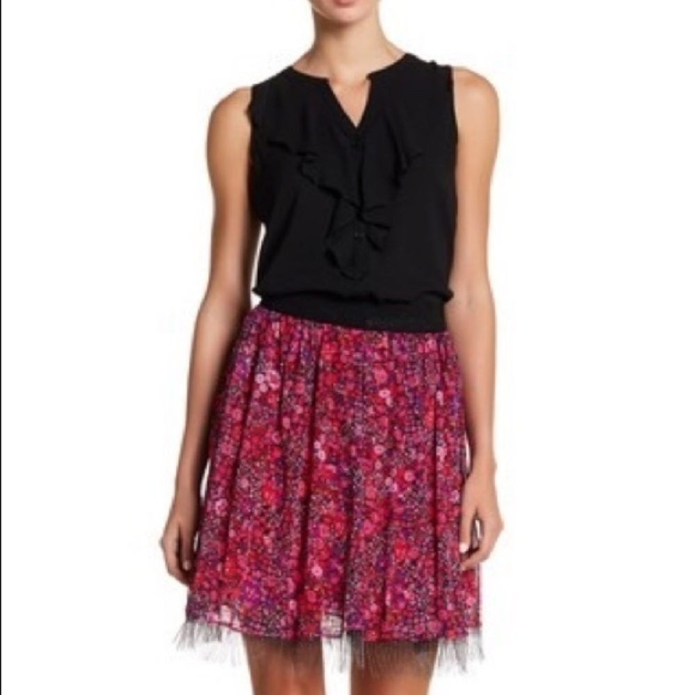 T Tahari Winnie Floral Print Beaded Fringe Skirt